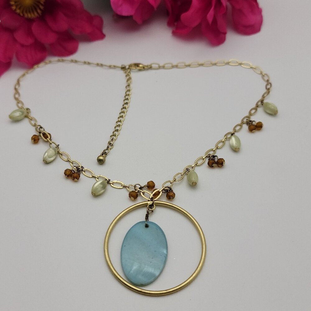 Gold Tone Blue Shell Pendant Mother Of Pearl Fringe Chain Necklace 18.5 Inch Adj